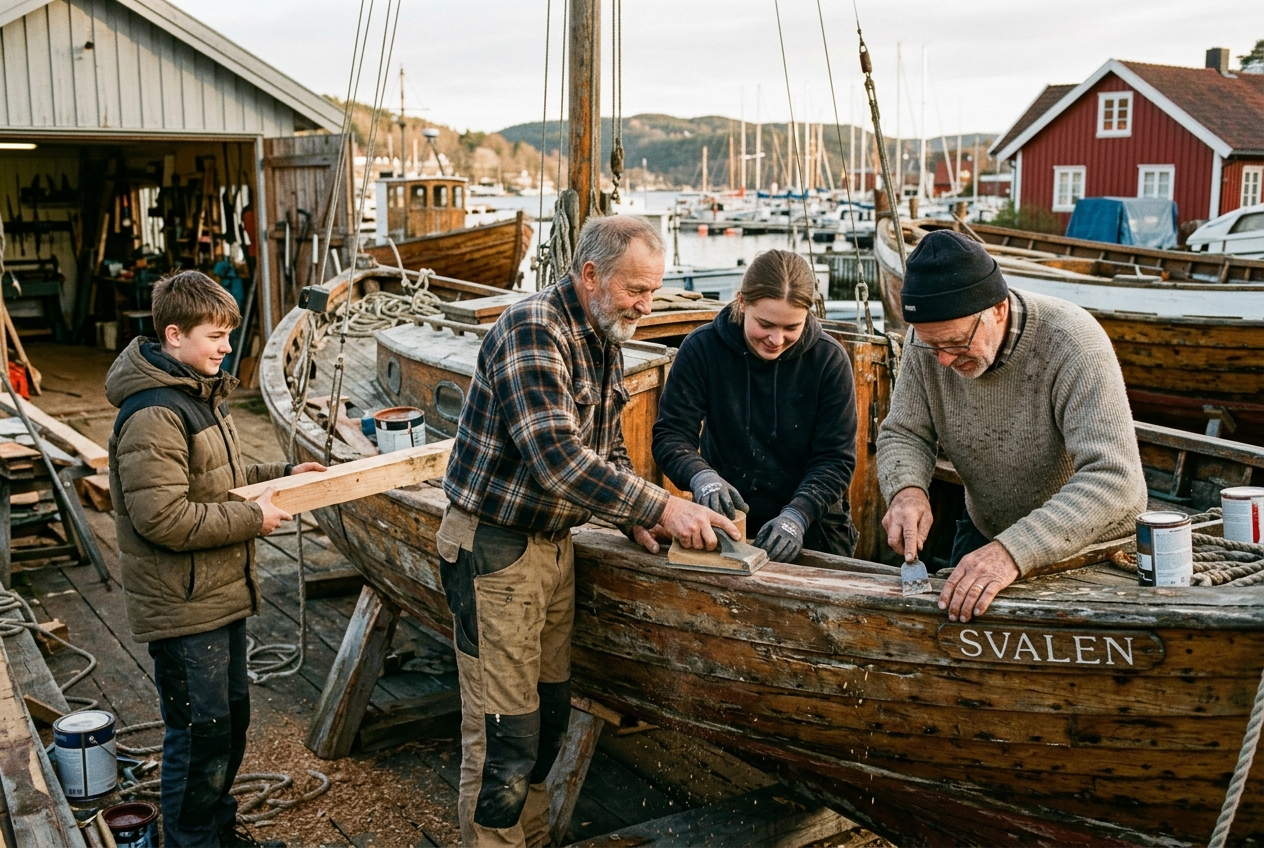 Volunteers of different ages working together on restoring a traditional Norwegian wooden boat at a harbor boatyard