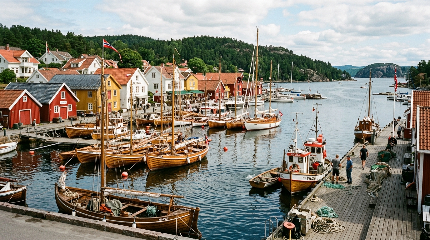 Son harbor with traditional boats moored at the dock on a summer day