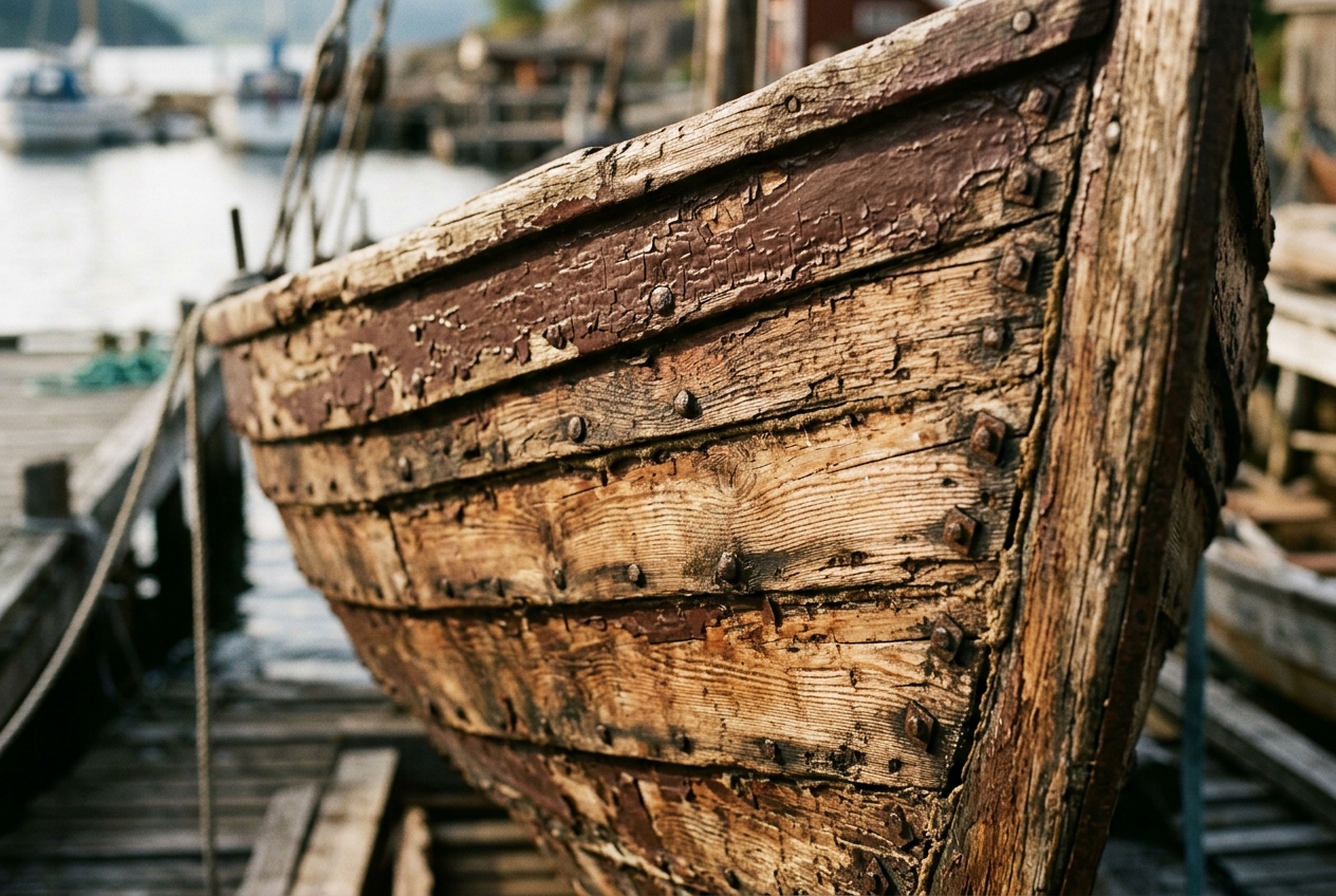 Close-up of traditional Norwegian wooden boat hull showing craftsmanship and heritage